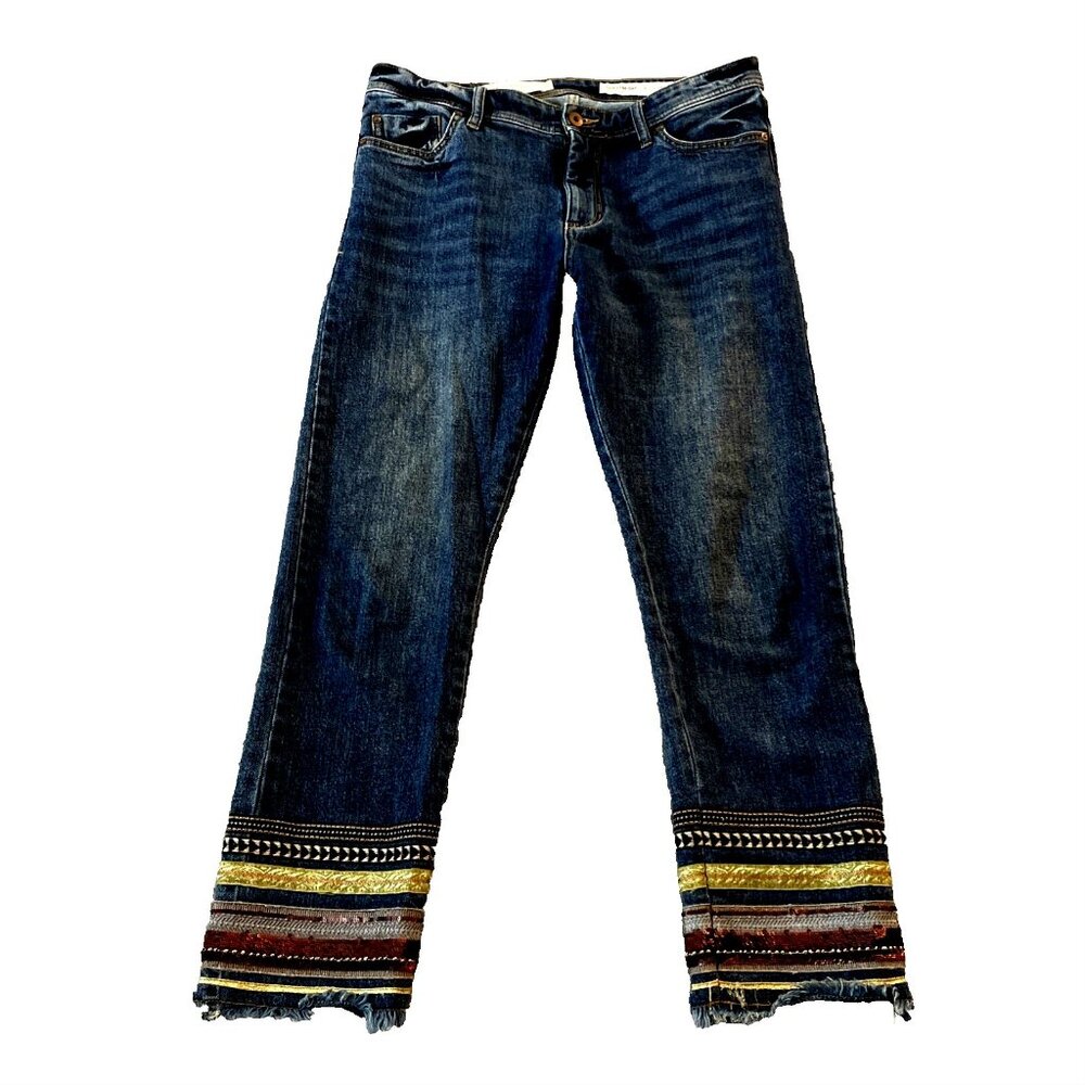 Pilcro and the Letterpress Blue Cropped Jeans with Multicolor Hem